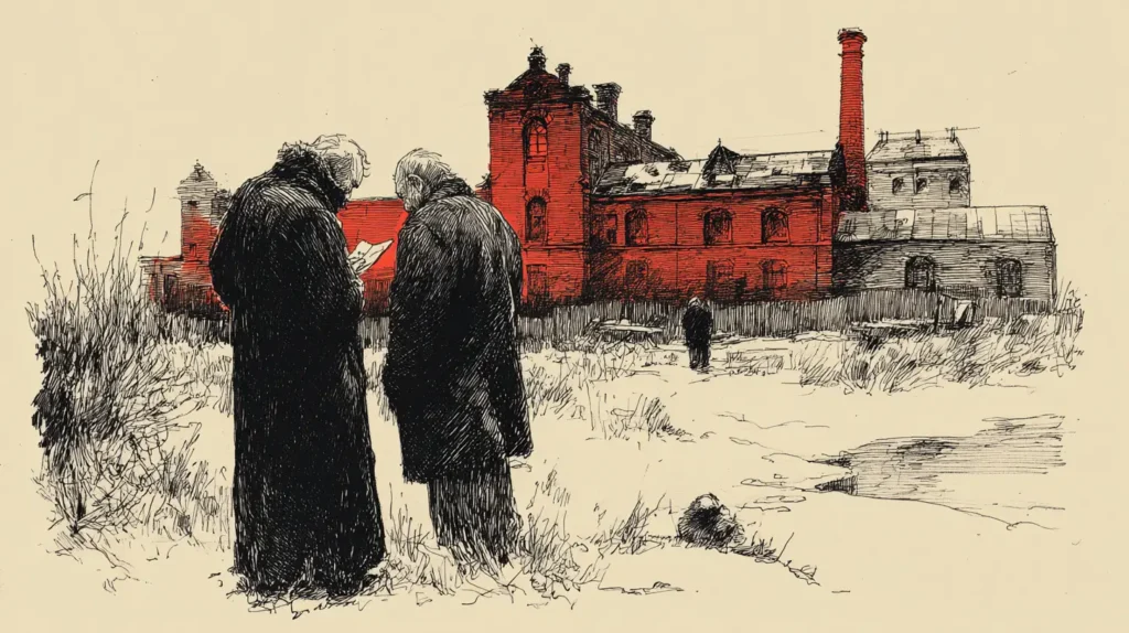 Blog feature image illustration of two men discussing the purchasing of a large red building for blog: How to Buy a Business with an SBA Loan